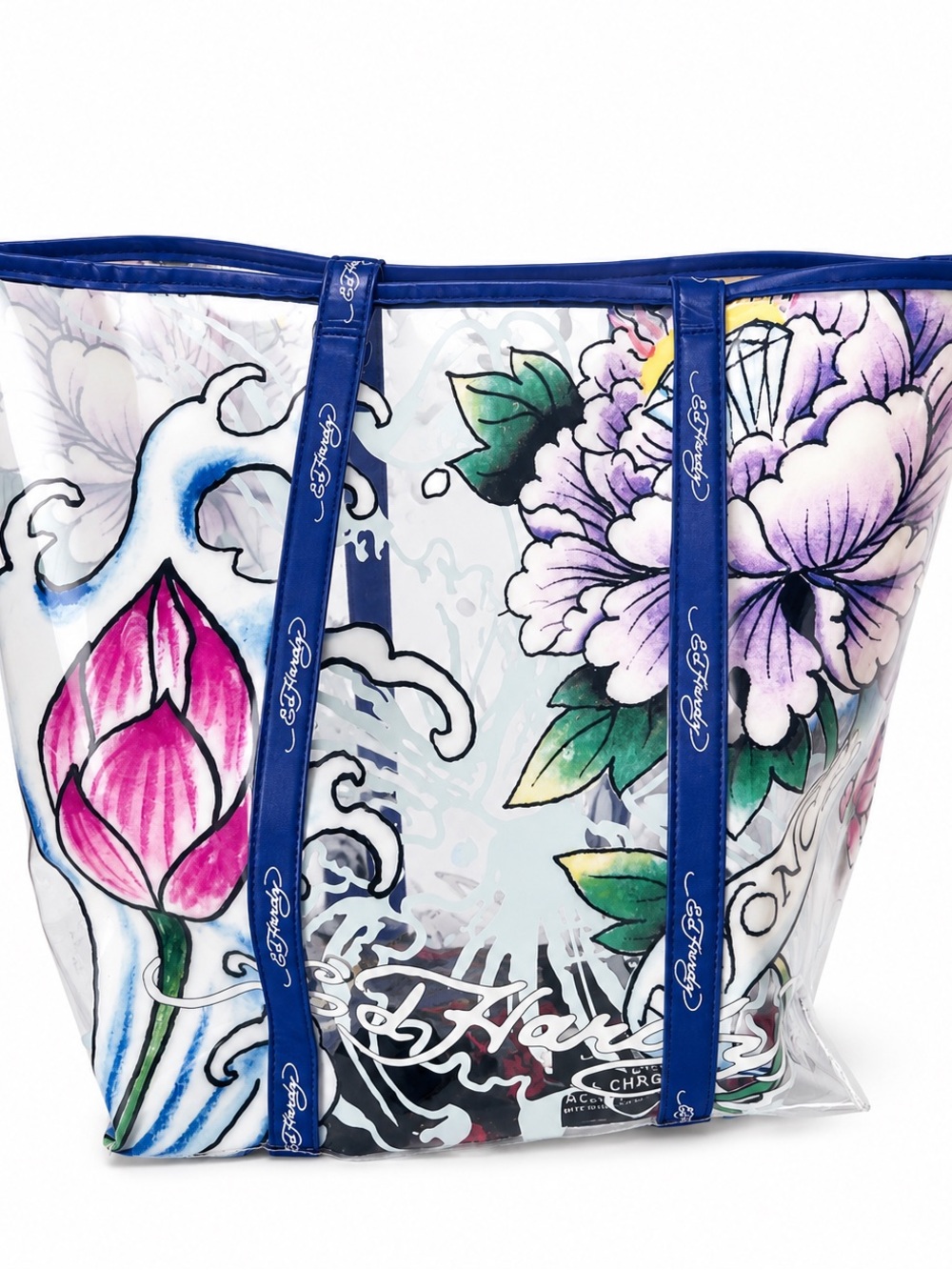 Ed Hardy Clear Floral Tote with Blue Straps~Bundle